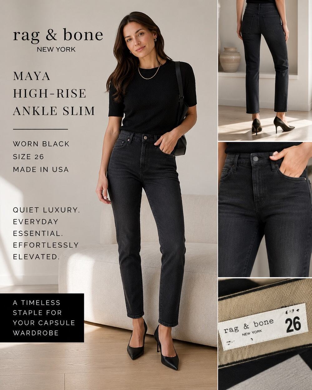 Rag & Bone Maya High-Rise Ankle Slim Jeans 26 Worn Black Made USA Premium Denim
